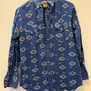 Ely Cattleman Navy Patterned Button Down Denim Pearl Snap Women’s Medium